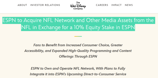 维海配资 迪士尼“魔法”再出手！ESPN以10%股权换购NFL电视网